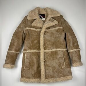 Vintage 1970s Wiman Womens Faux Suede Shearling Coat Medium Brown Lined USA